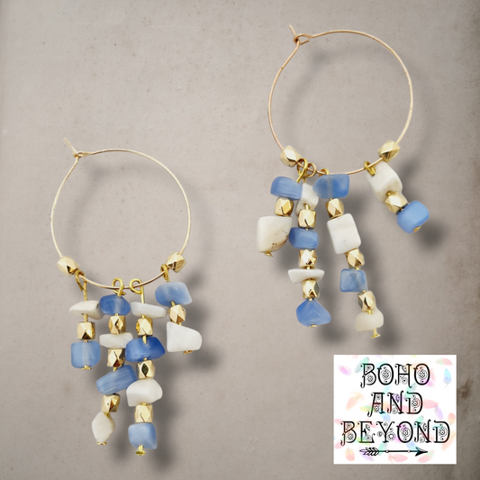 Gold tone hoop earrings with Chalcedony and Magnesite